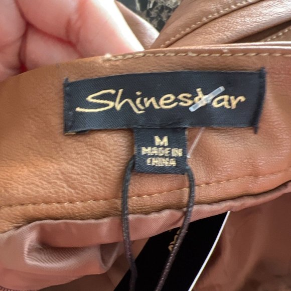 Shine Star Women  Vegan Leather Mini Front Slit Skirt Brown Tan Size Medium - Picture 7 of 14